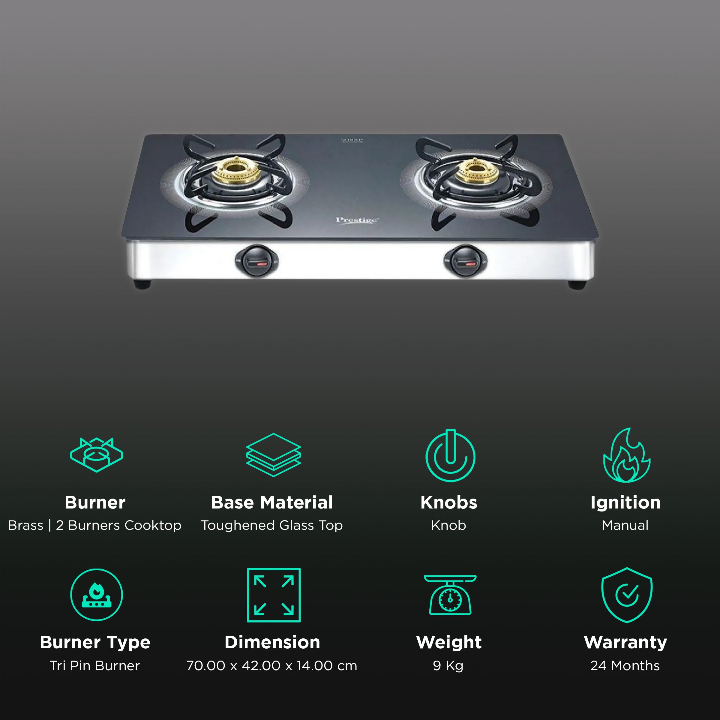 Buy Prestige Royale Plus Toughened Glass Top 2 Burner Manual Gas